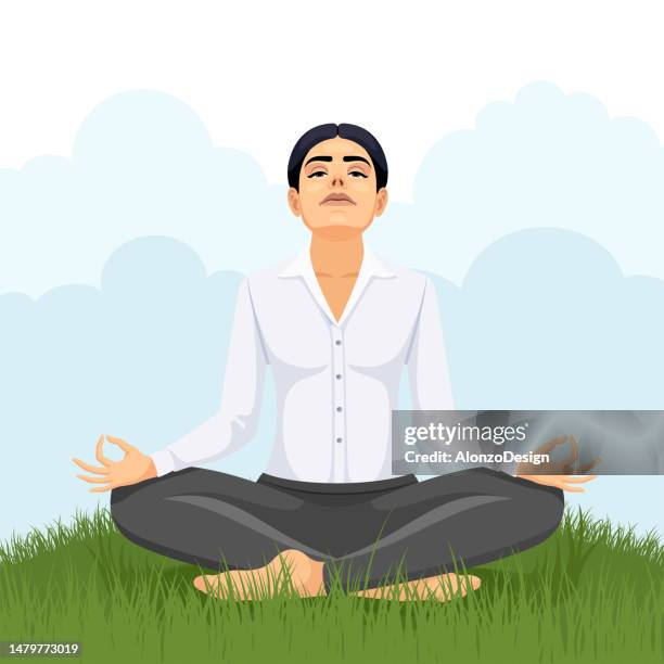 beautiful woman meditating in the nature. - sunrise yoga stock illustrations