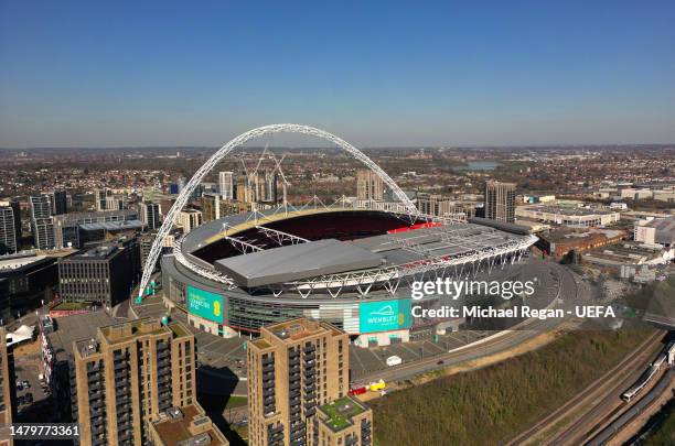 An aerial view of Wembley Stadium ahead of the Women´s Finalissima 2023 on April 04, 2023 in London, England.