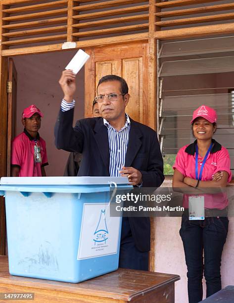 President Taur Matan Ruak casts his vote during Parliamentary Elections on July 7, 2012 in Dili, East Timor. 21 parties are contesting in the...