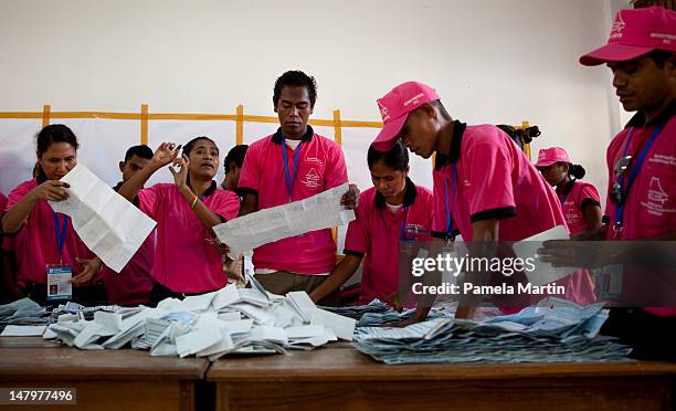 Vote Counting begins during Parliamentary Elections on July 7, 2012 in Dili, East Timor. 21 parties are contesting in the country's first election...