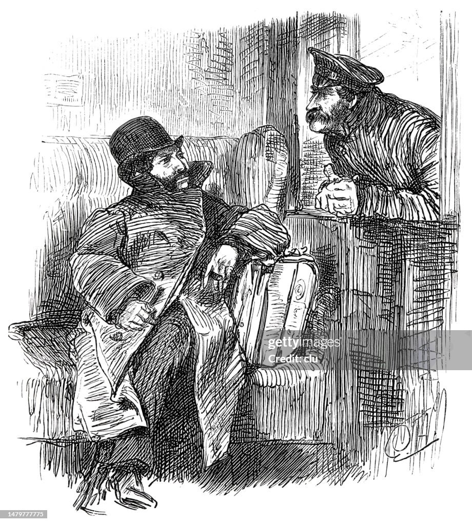 Railway conductor inspects a passenger for his ticket in the train compartment