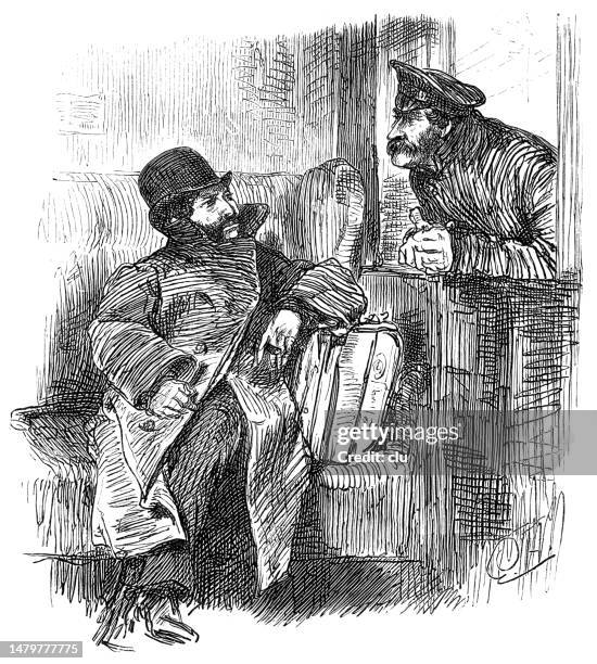 railway conductor inspects a passenger for his ticket in the train compartment - train ticket check stock illustrations
