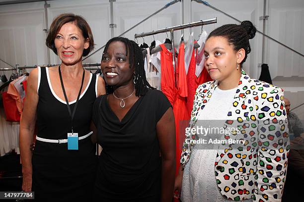Eva Luft, Auma Obama and daughter Akini pose backstage ahead of the Minx By Eva Lux Show at Mercedes-Benz Fashion Week Spring/Summer 2013 on July 7,...