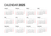 Annual calendar template. Week starts on Sunday.