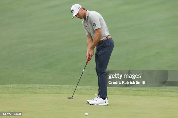 Sam Burns of the United States putts on the 16th green during a practice round prior to the 2023 Masters Tournament at Augusta National Golf Club on...