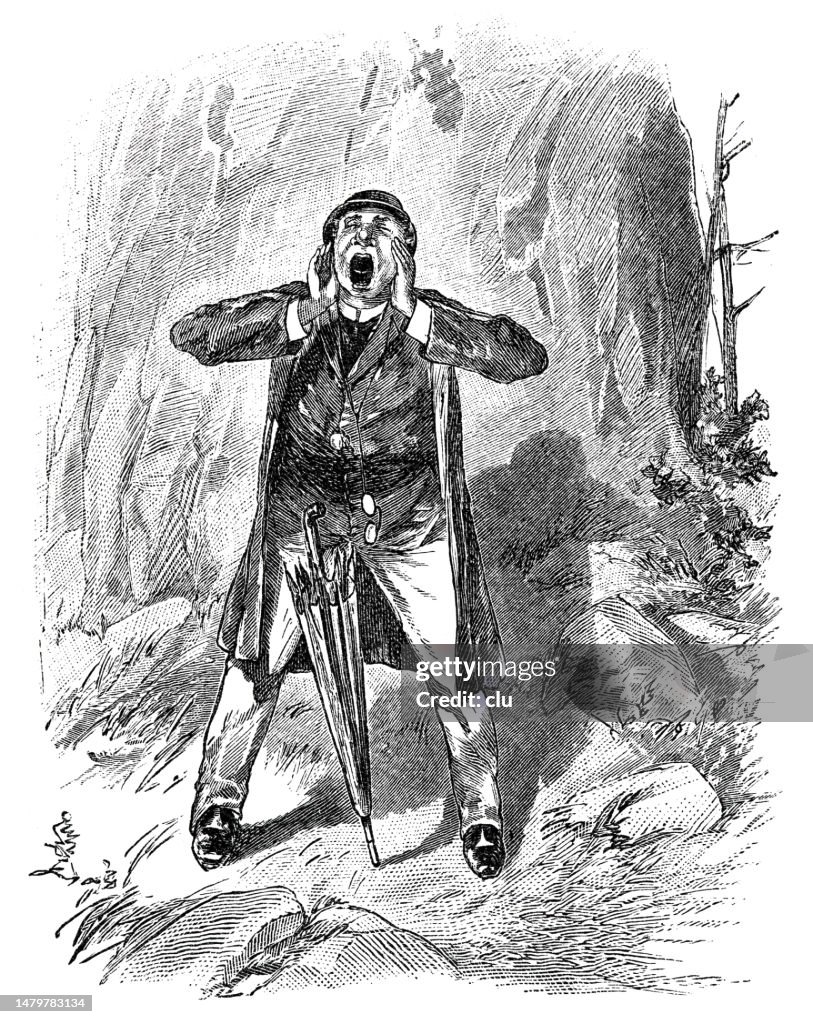 A man in the mountains trains yodeling, full length, hands on head, mouth open