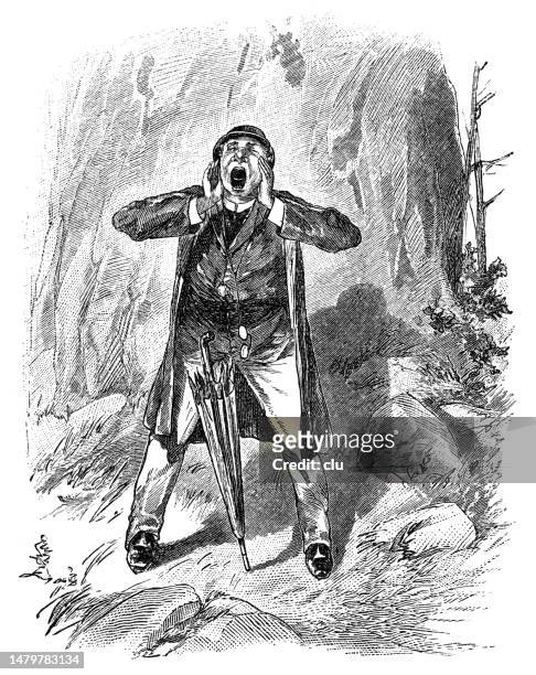 a man in the mountains trains yodeling, full length, hands on head, mouth open - yodeling stock illustrations