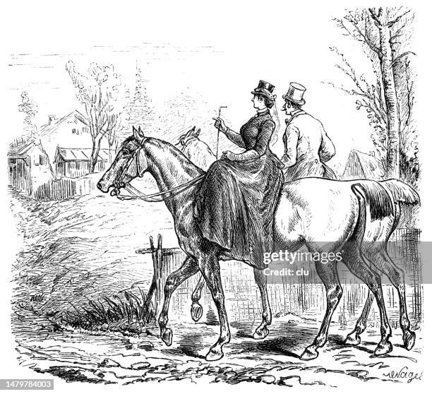 riding couple stopping at an inn, side view - inn stock illustrations