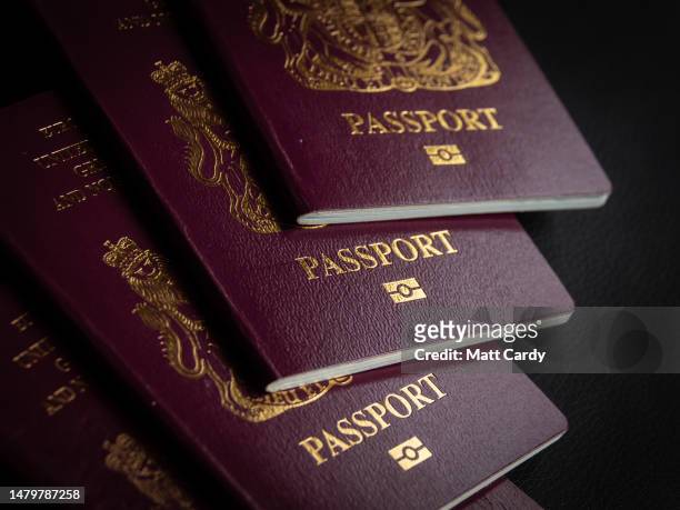 In this photo illustration, covers of United Kingdom issued passports in the village of St Jean d'Aulps on April 04, 2023 near Morzine, France. This...