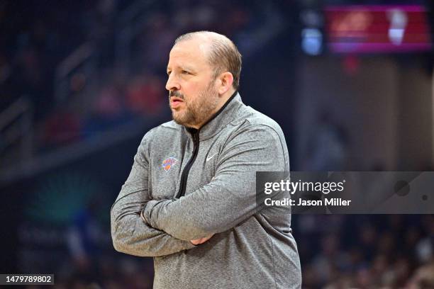 Head coach Tom Thibodeau of the New York Knicks watches from the sidelines during the first quarter against the Cleveland Cavaliers at Rocket...