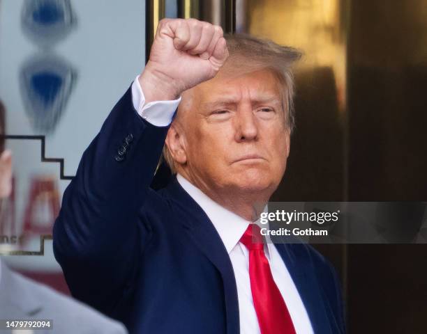 Former U.S. President Donald Trump departs Trump Tower as he heads to an arraignment hearing on April 04, 2023 in New York City.