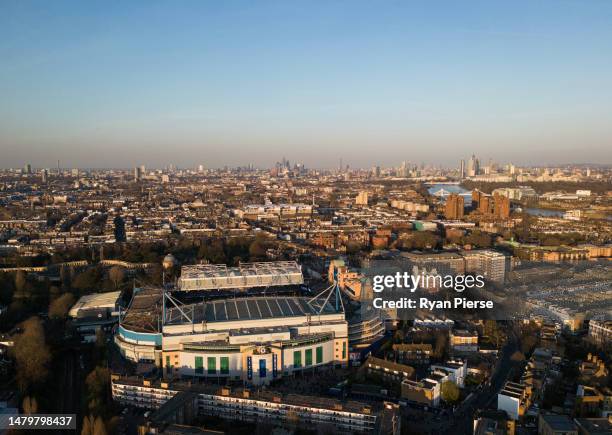 An aerial view of Stamford Bridge prior to the Premier League match between Chelsea FC and Liverpool FC at Stamford Bridge on April 04, 2023 in...