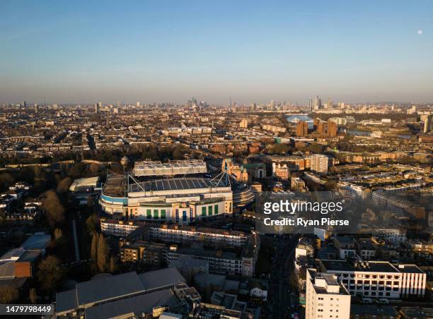 An aerial view of Stamford Bridge prior to the Premier League match between Chelsea FC and Liverpool FC at Stamford Bridge on April 04, 2023 in...
