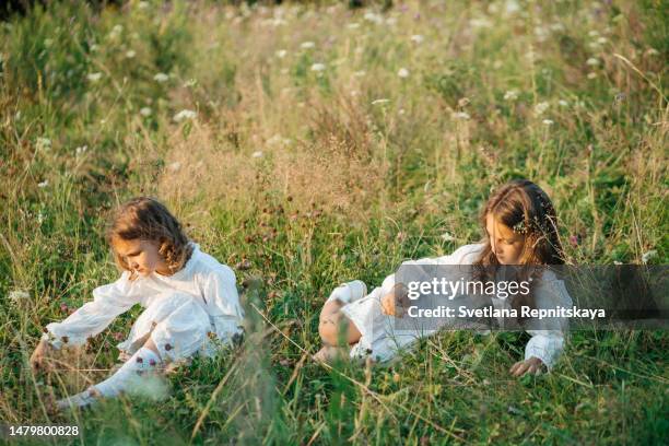 two little sisters lie on the grass on a summer evening - lightweight stock pictures, royalty-free photos & images