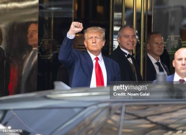 Former US President Donald Trump exits Trump Tower to attend court for his arraignment on April 04, 2023 in New York City.