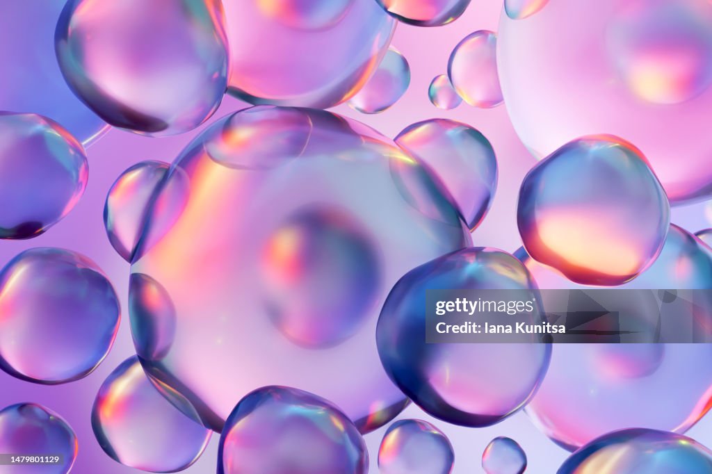 Multicolored chemical 3D molecules, bubbles, drops on blue, purple background.