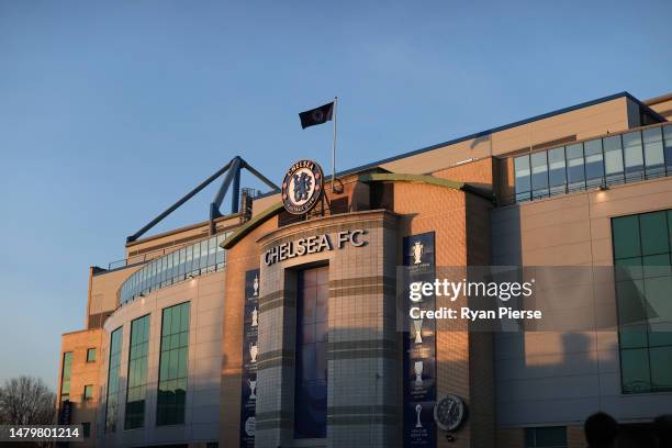 General view outside the stadium prior to the Premier League match between Chelsea FC and Liverpool FC at Stamford Bridge on April 04, 2023 in...