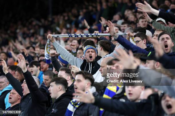 Leeds United fan shows their support from the stands prior to the Premier League match between Leeds United and Nottingham Forest at Elland Road on...