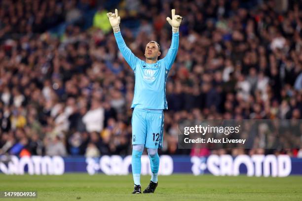 Keylor Navas of Nottingham Forest celebrates after teammate Orel Mangala scores the team's first goal during the Premier League match between Leeds...