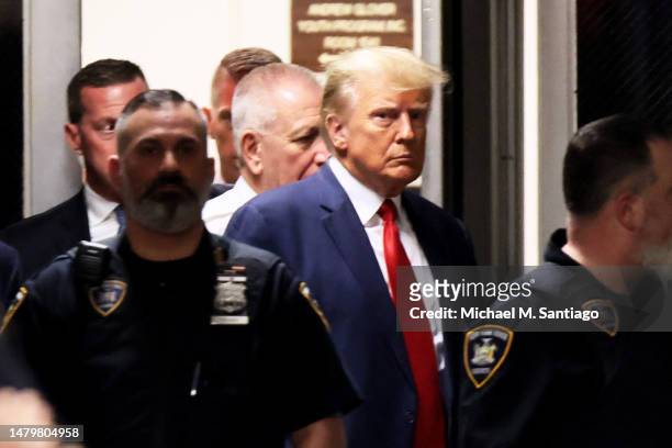Former U.S. President Donald Trump arrives for his arraignment at Manhattan Criminal Court on April 04, 2023 in New York City. With the indictment,...
