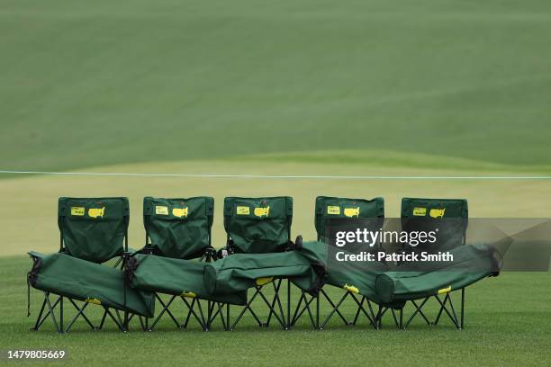 Detail of chairs during a practice round prior to the 2023 Masters Tournament at Augusta National Golf Club on April 04, 2023 in Augusta, Georgia.