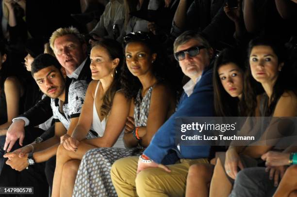 Boris Becker, Noah Becker, Sonja Kirchberger, Dennenesch Zoude, Carlo Rola, Isabella Ahrens and Mariella Ahrens sit in front row during the Minx By...