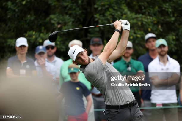 Thomas Pieters of Belgium plays his shot from the 15th tee during a practice round prior to the 2023 Masters Tournament at Augusta National Golf Club...