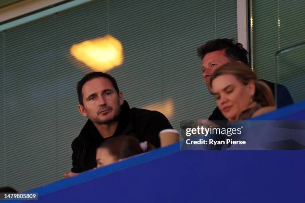 Frank Lampard looks on from the stands prior to the Premier League match between Chelsea FC and Liverpool FC at Stamford Bridge on April 04, 2023 in...