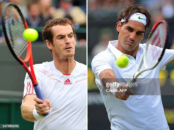 Combination of photographs created on July 7, 2012 shows Switzerland's Roger Federer playing a backhand shot during his men's singles quarter-final...