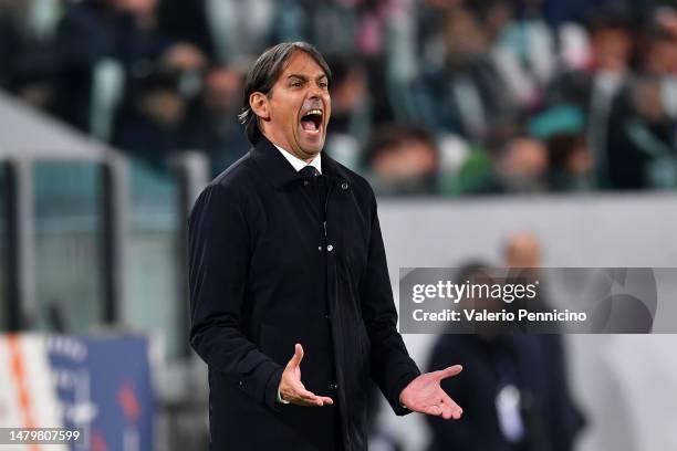 Simone Inzaghi, Head Coach of FC Internazionale, reacts during the Coppa Italia Semi Final match between Juventus FC and FC Internazionale at Allianz...