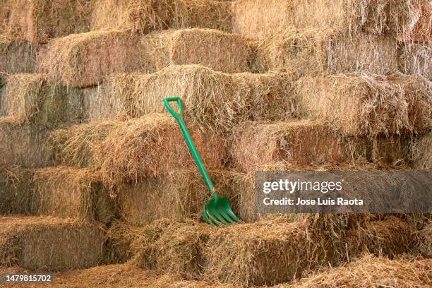 farm with hay bales - hooiberg stockfoto's en -beelden