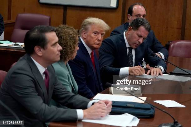 Former U.S. President Donald Trump sits with his attorneys inside the courtroom during his arraignment at the Manhattan Criminal Court April 4, 2023...