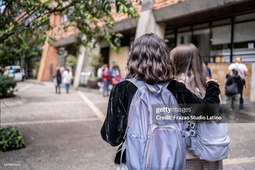 Rear view of student friends arriving at university