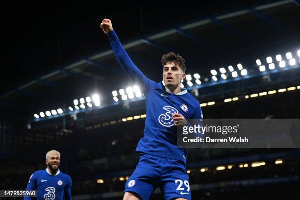 Kai Havertz of Chelsea celebrates after scoring a goal, before being disallowed for handball during the Premier League match between Chelsea FC and...