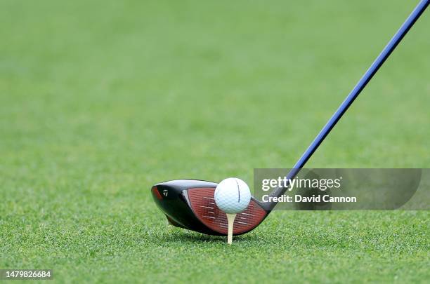 Close up of teh driver head and golf ball of Rory McIlroy of Northern Ireland before he played his tee shot on the eighth hole during practice prior...