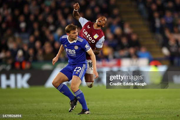 Kiernan Dewsbury-Hall of Leicester City tackles Ashley Young of Aston Villa, which later resulted in a red card during the Premier League match...