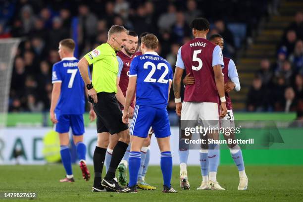 Kiernan Dewsbury-Hall of Leicester City reacts after receiving a red card from referee Graham Scott during the Premier League match between Leicester...