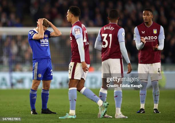 Kiernan Dewsbury-Hall of Leicester City looks dejected after receiving a red card during the Premier League match between Leicester City and Aston...