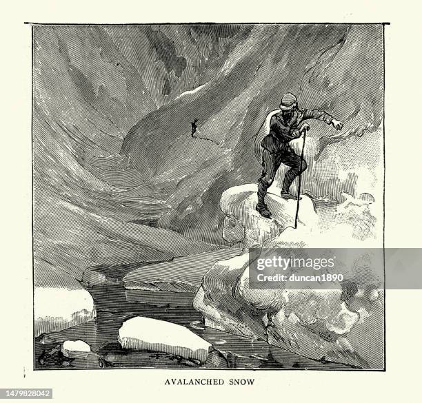 british explorer and his guides surveying in kashmir, climbing over avalanced snow, 1880s, 19th century - avalanche stock illustrations