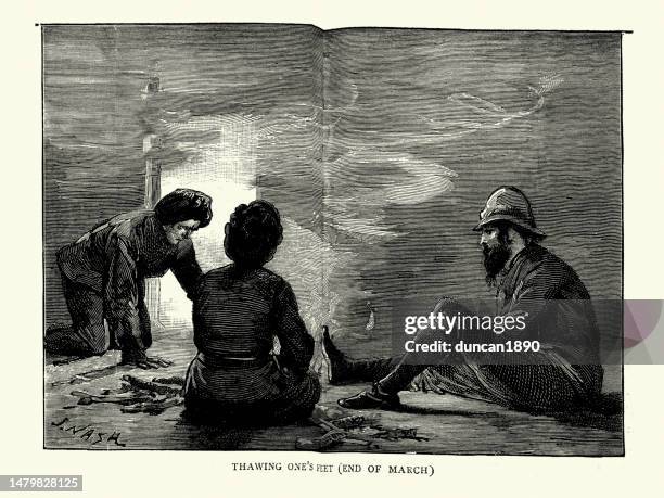british explorer and his guides thawing one's feet in kashmir, mountains, history mountain climbing, 1880s, 19th century - pith stock illustrations