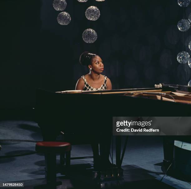 American singer, songwriter, pianist and civil rights activist Nina Simone performs on a television show at BBC Television Centre in London in 1968.