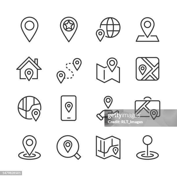 ilustraciones, imágenes clip art, dibujos animados e iconos de stock de iconos de pines de ubicación y mapa — serie monoline - asentamiento humano