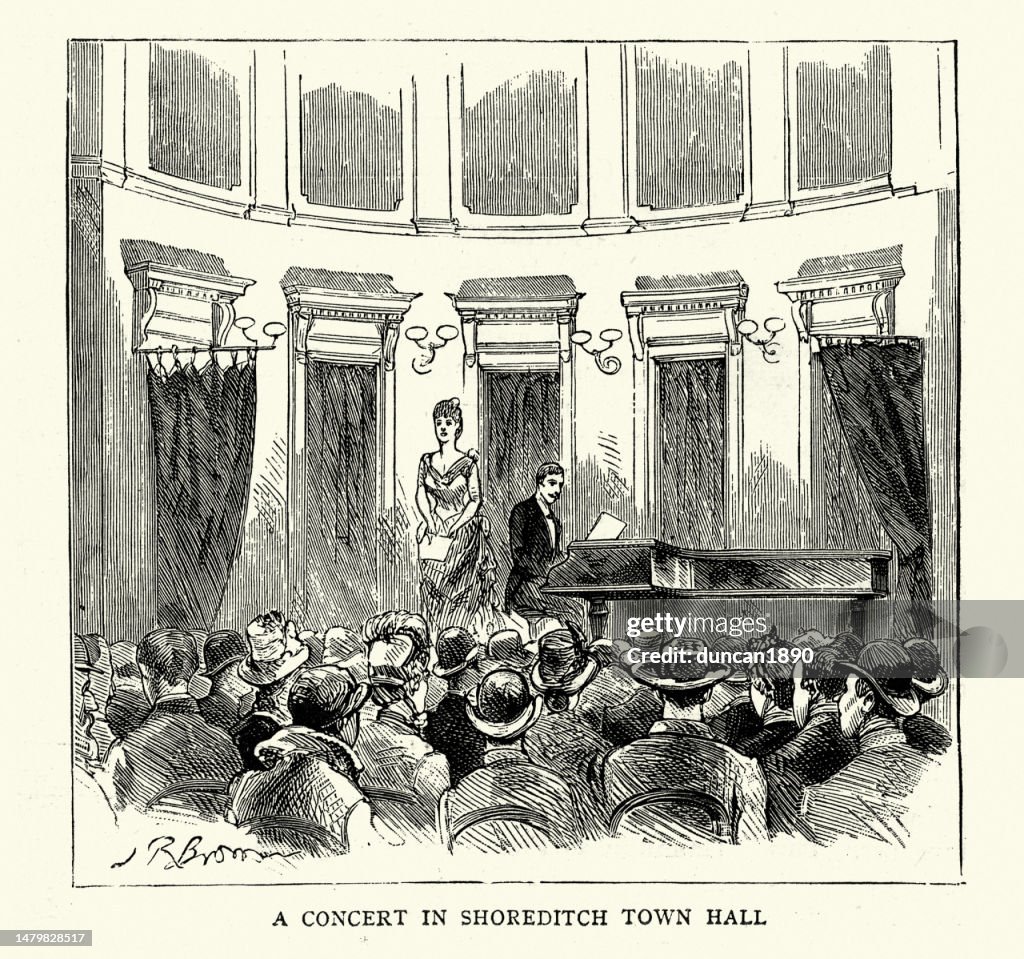 Musikkonzert in der Shoreditch Town Hall, Sängerin und Pianistin, Klavier, Frau singt, 1880er Jahre, 19. Jahrhundert