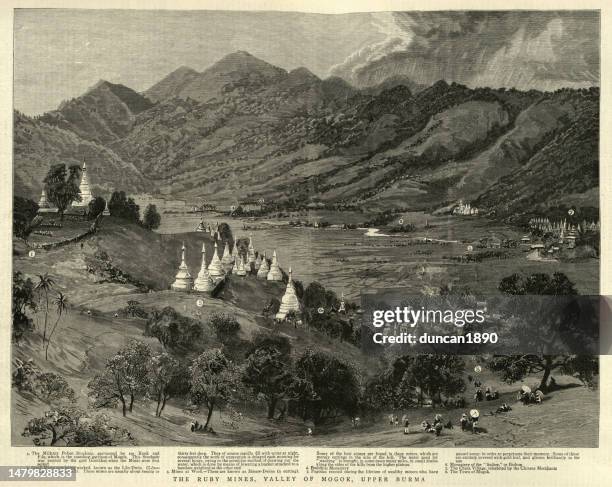 the ruby mines, valley of mogok, upper burma, 1880s, 19th century - ruby gemstone stock illustrations