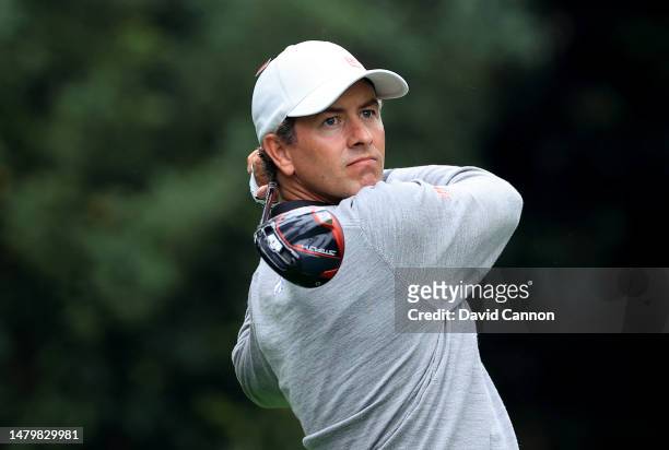 Adam Scott of Australia plays his tee shot on the 11th hole during practice prior to the 2023 Masters Tournament at Augusta National Golf Club on...