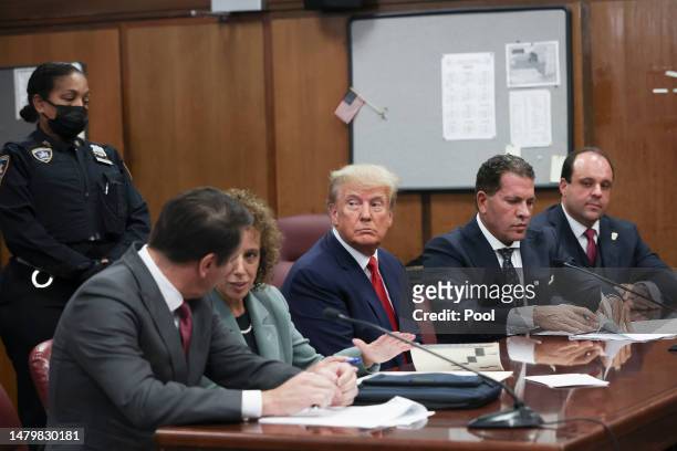 Former U.S. President Donald Trump sits in the courtroom with his attorneys Todd Blanche, Susan Necheles, Joe Tacopina and Boris Epshteyn during his...