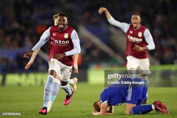 Bertrand Traore of Aston Villa celebrates after scoring the team's second goal during the Premier League match between Leicester City and Aston Villa...