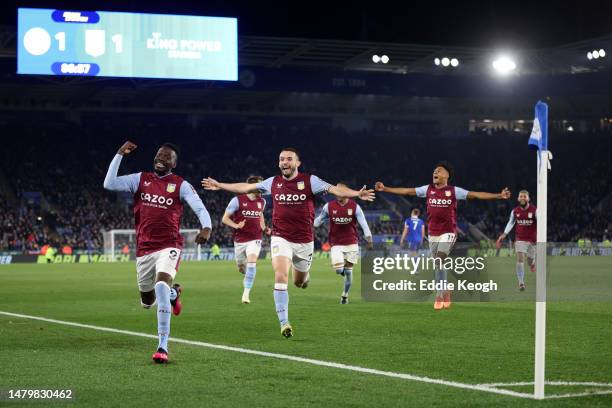 Bertrand Traore of Aston Villa celebrates after scoring the team's second goal during the Premier League match between Leicester City and Aston Villa...