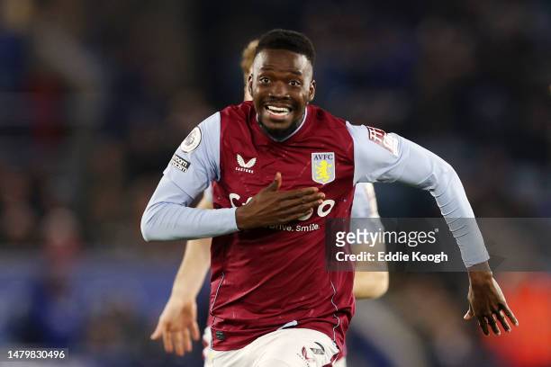 Bertrand Traore of Aston Villa celebrates after scoring the team's second goal during the Premier League match between Leicester City and Aston Villa...