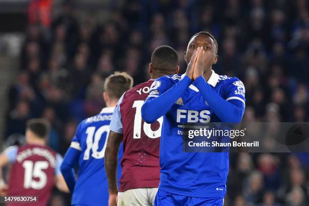 Patson Daka of Leicester City reacts during the Premier League match between Leicester City and Aston Villa at The King Power Stadium on April 04,...